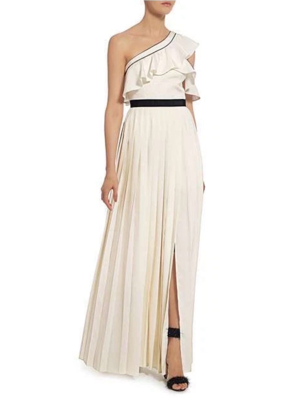 Self-Portrait Cream One-Shoulder Ruffle Pleated Maxi Dress with Black Waistband
